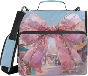 Pink Bow Shimmering Beads Zipper Binder with Shoulder Strap Trapper Keeper 3 Ring Binder Organizer Large Capacity Multiple Compartments for School Office