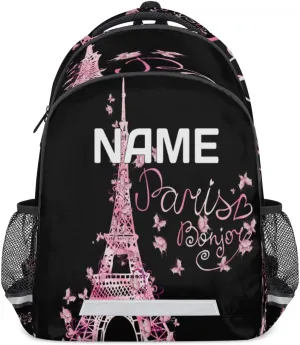Pink Eiffel Tower Custom Name School Backpack for Boy Girl Teen Butterfly Paris Personalized Student Bookbag for Primary Junior College Customized Laptop Backpack for Men Women