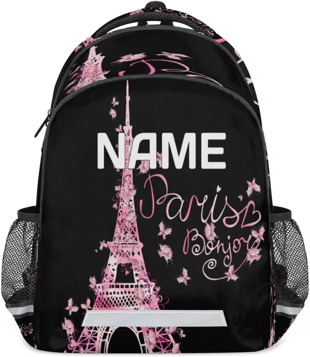 Pink Eiffel Tower Custom Name School Backpack for Boy Girl Teen Butterfly Paris Personalized Student Bookbag for Primary Junior College Customized Laptop Backpack for Men Women