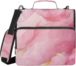 Pink Rose Gold Lines Marble Zipper Binder with Shoulder Strap Trapper Keeper 3 Ring Binder Organizer Large Capacity Multiple Compartments for School Office