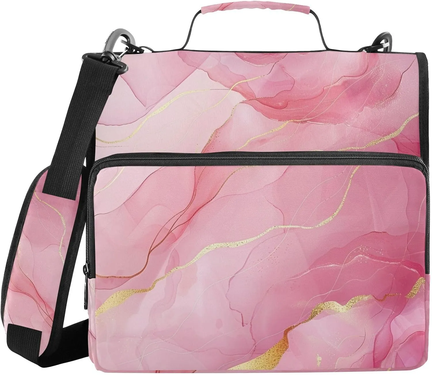 Pink Rose Gold Lines Marble Zipper Binder with Shoulder Strap Trapper Keeper 3 Ring Binder Organizer Large Capacity Multiple Compartments for School Office