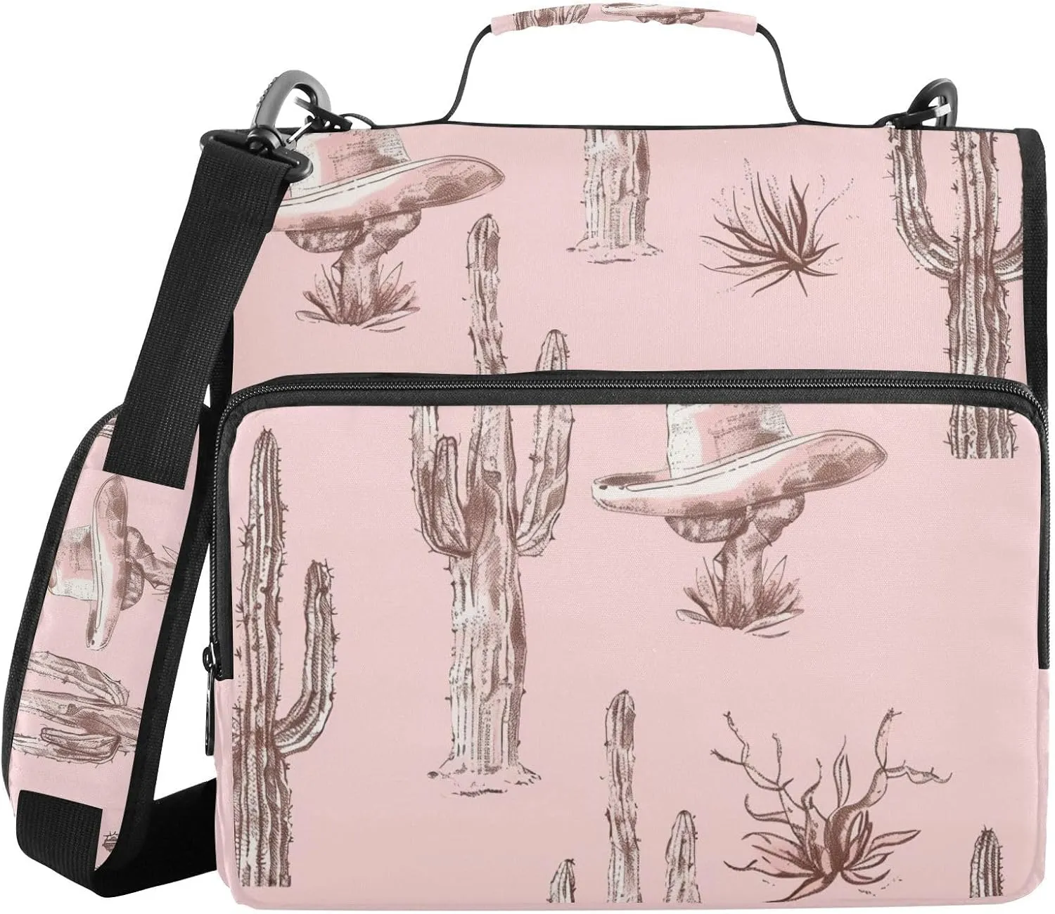Pink Western Cactus Desert Zipper Binder with Shoulder Strap Trapper Keeper 3 Ring Binder Organizer Large Capacity Multiple Compartments for School Office