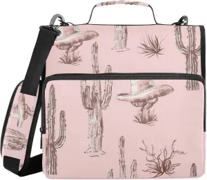 Pink Western Cactus Desert Zipper Binder with Shoulder Strap Trapper Keeper 3 Ring Binder Organizer Large Capacity Multiple Compartments for School Office