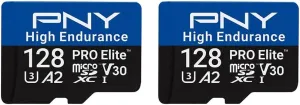 PNY 128GB PRO Elite™ High Endurance C10 U3 V30 A2 microSDXC Flash Memory Card – Up to 100/90MB/s Read/Write, 4K UHD, Full HD, UHS-I, Surveillance, Home Security, Continuous Recording, Dash Cam, 2-Pack