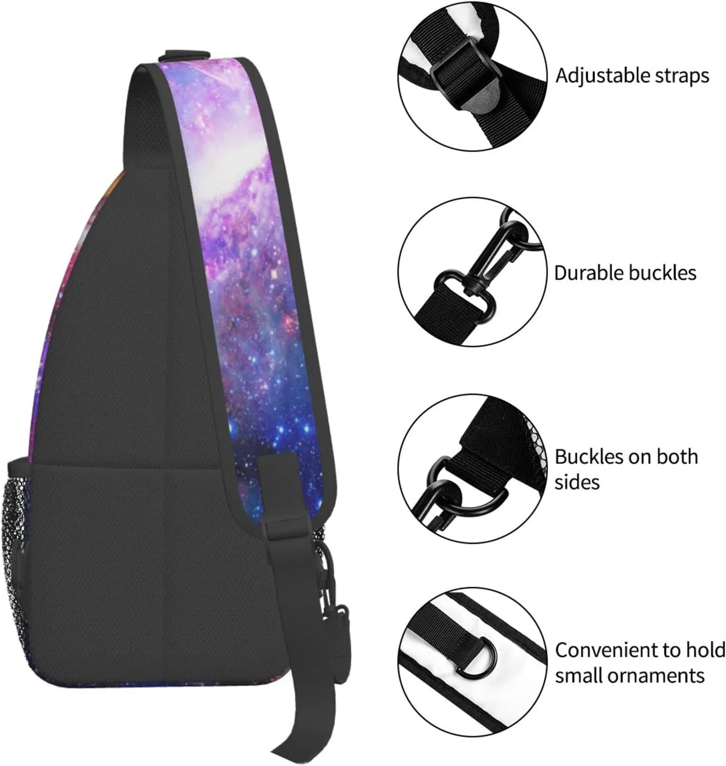 Purple Blue Galaxy Sling Bag Crossbody Backpack,Dark Space Stars Blue Purple and Pink Galaxy Chest Bag Adjustable Casual Shoulder Backpack Nebula Scenery Theme Travel Hiking Daypack
