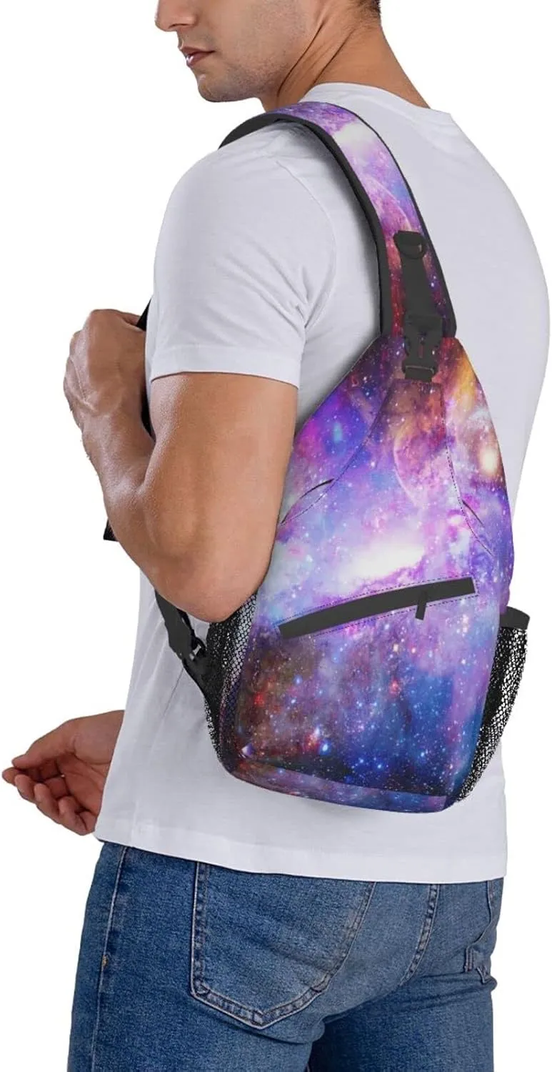 Purple Blue Galaxy Sling Bag Crossbody Backpack,Dark Space Stars Blue Purple and Pink Galaxy Chest Bag Adjustable Casual Shoulder Backpack Nebula Scenery Theme Travel Hiking Daypack