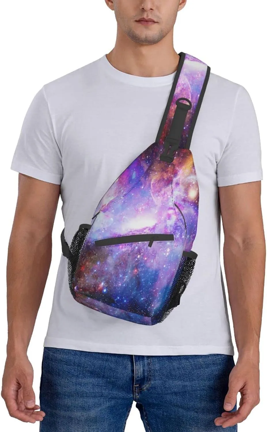 Purple Blue Galaxy Sling Bag Crossbody Backpack,Dark Space Stars Blue Purple and Pink Galaxy Chest Bag Adjustable Casual Shoulder Backpack Nebula Scenery Theme Travel Hiking Daypack