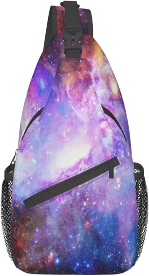 Purple Blue Galaxy Sling Bag Crossbody Backpack,Dark Space Stars Blue Purple and Pink Galaxy Chest Bag Adjustable Casual Shoulder Backpack Nebula Scenery Theme Travel Hiking Daypack