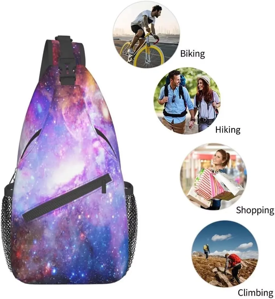Purple Blue Galaxy Sling Bag Crossbody Backpack,Dark Space Stars Blue Purple and Pink Galaxy Chest Bag Adjustable Casual Shoulder Backpack Nebula Scenery Theme Travel Hiking Daypack
