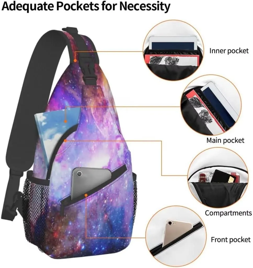 Purple Blue Galaxy Sling Bag Crossbody Backpack,Dark Space Stars Blue Purple and Pink Galaxy Chest Bag Adjustable Casual Shoulder Backpack Nebula Scenery Theme Travel Hiking Daypack