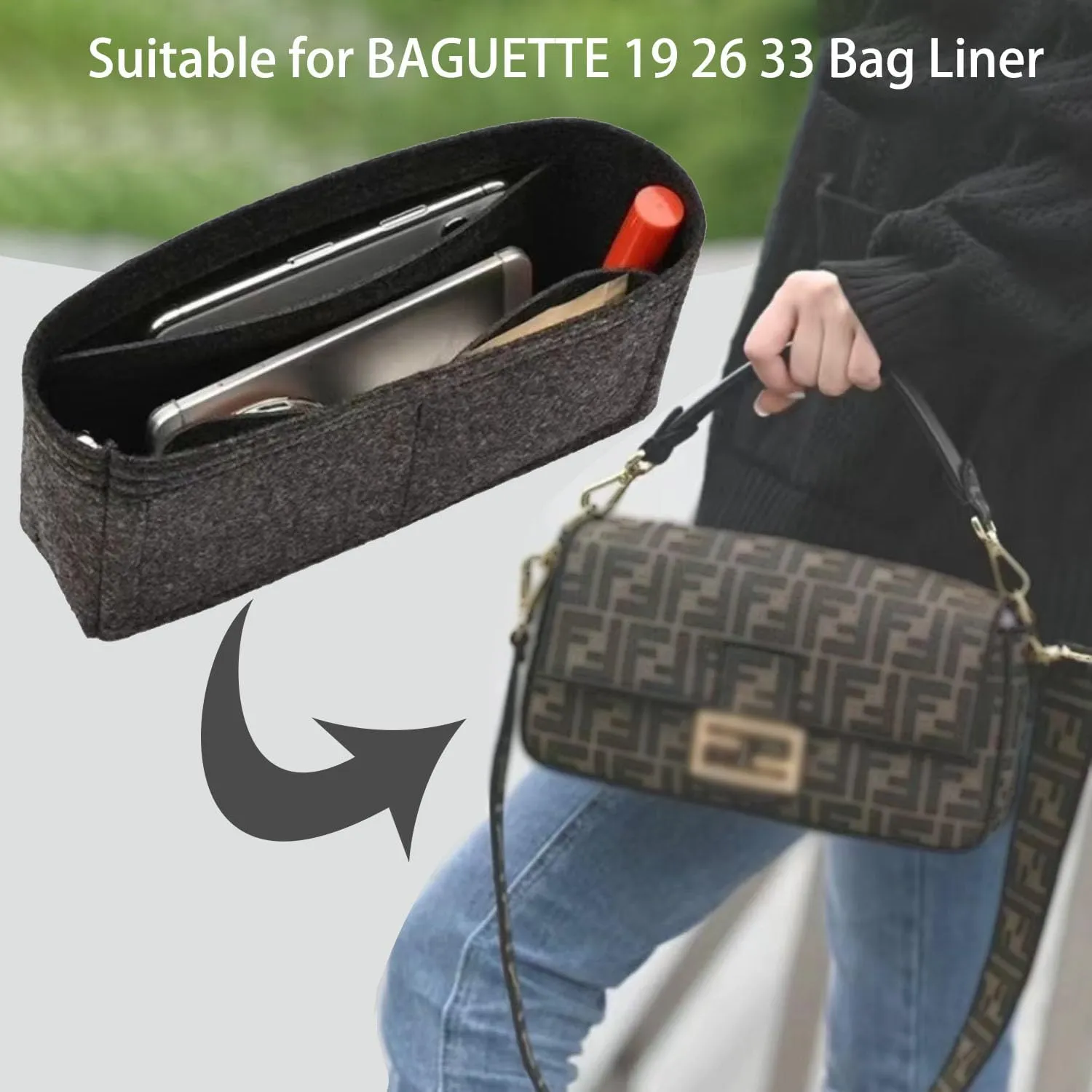 Purse Organizer Insert for Handbags, Softened Felt Insert Bag Organizer for Tote, Handbag Organizer fit for Baguette, Longchamp (Coffee, Medium)