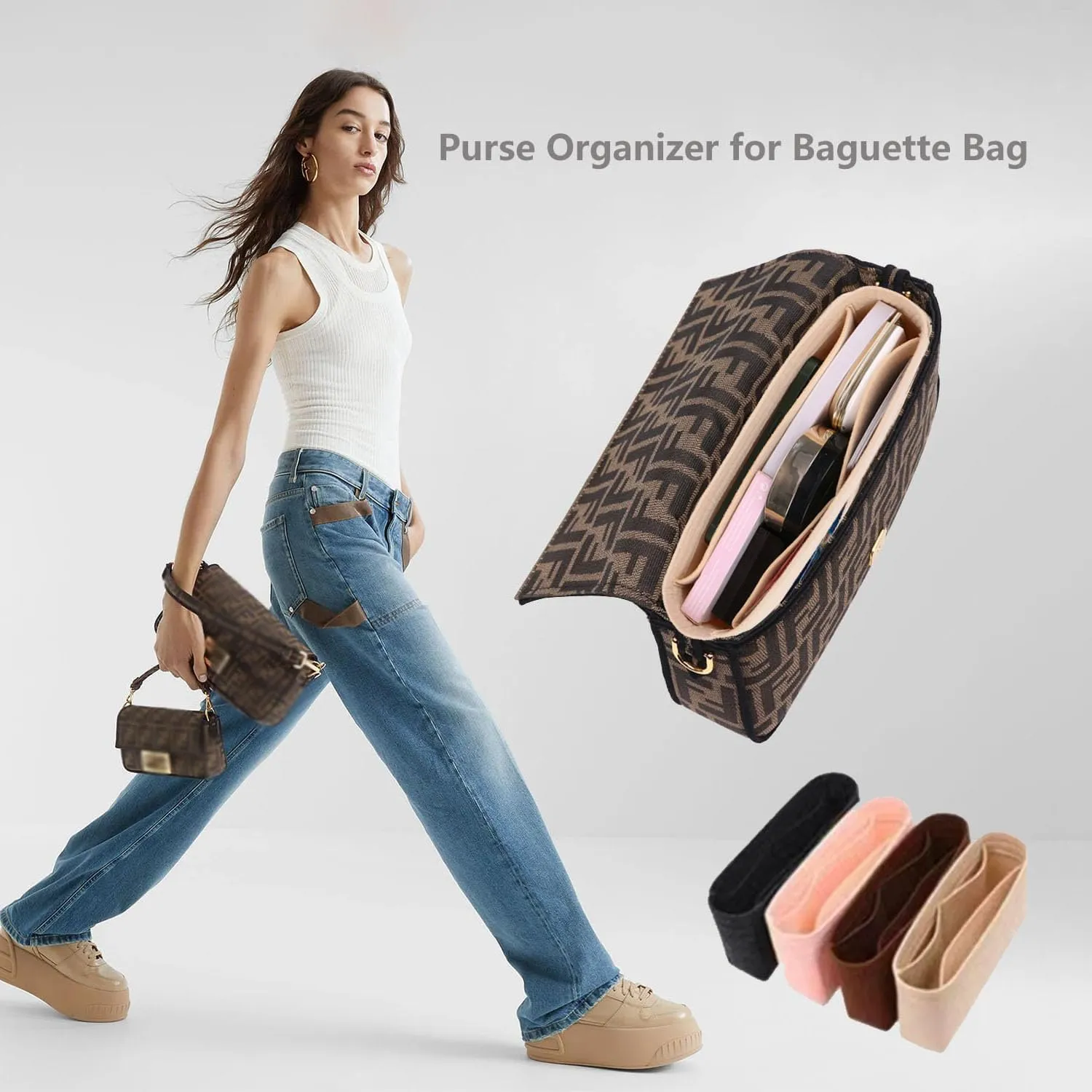 Purse Organizer Insert for Handbags, Softened Felt Insert Bag Organizer for Tote, Handbag Organizer fit for Baguette, Longchamp (Coffee, Medium)