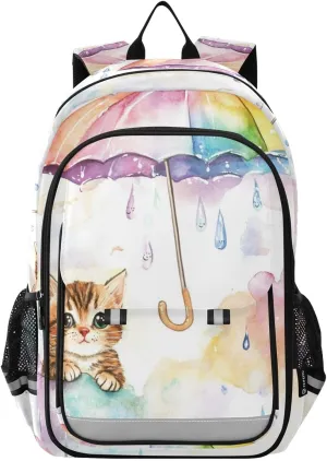 Rainbow Cloud Cat Backpack for Boys Girls Elementary School Bag Kids Bookbag Travel Rucksack With Reflective Stripes