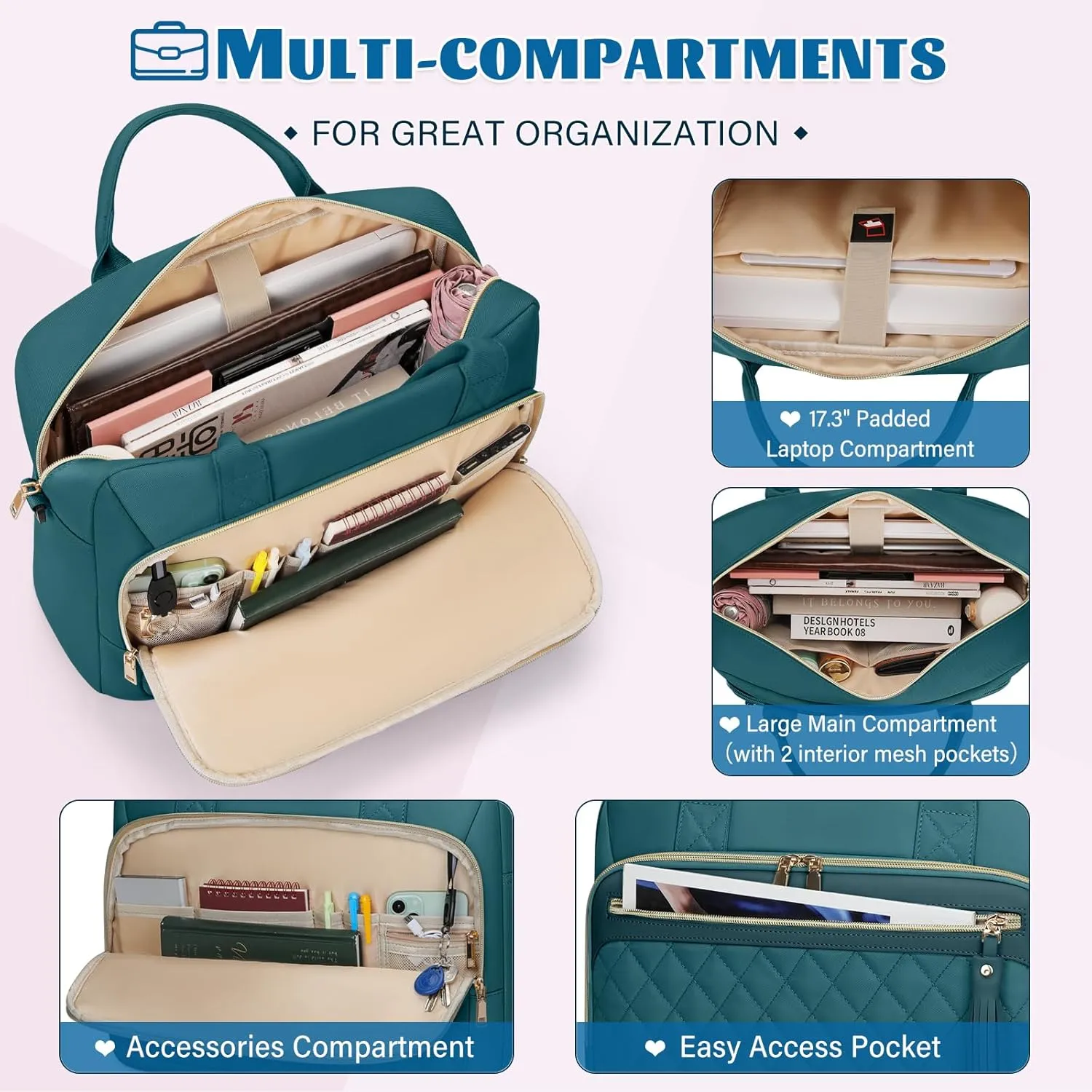 RAINSMORE Laptop Bag 17.3 Inch Briefcase for Women Waterproof Computer Messenger Shoulder Bags Large Laptop Case for Work Business Office Travel College, Dark Green