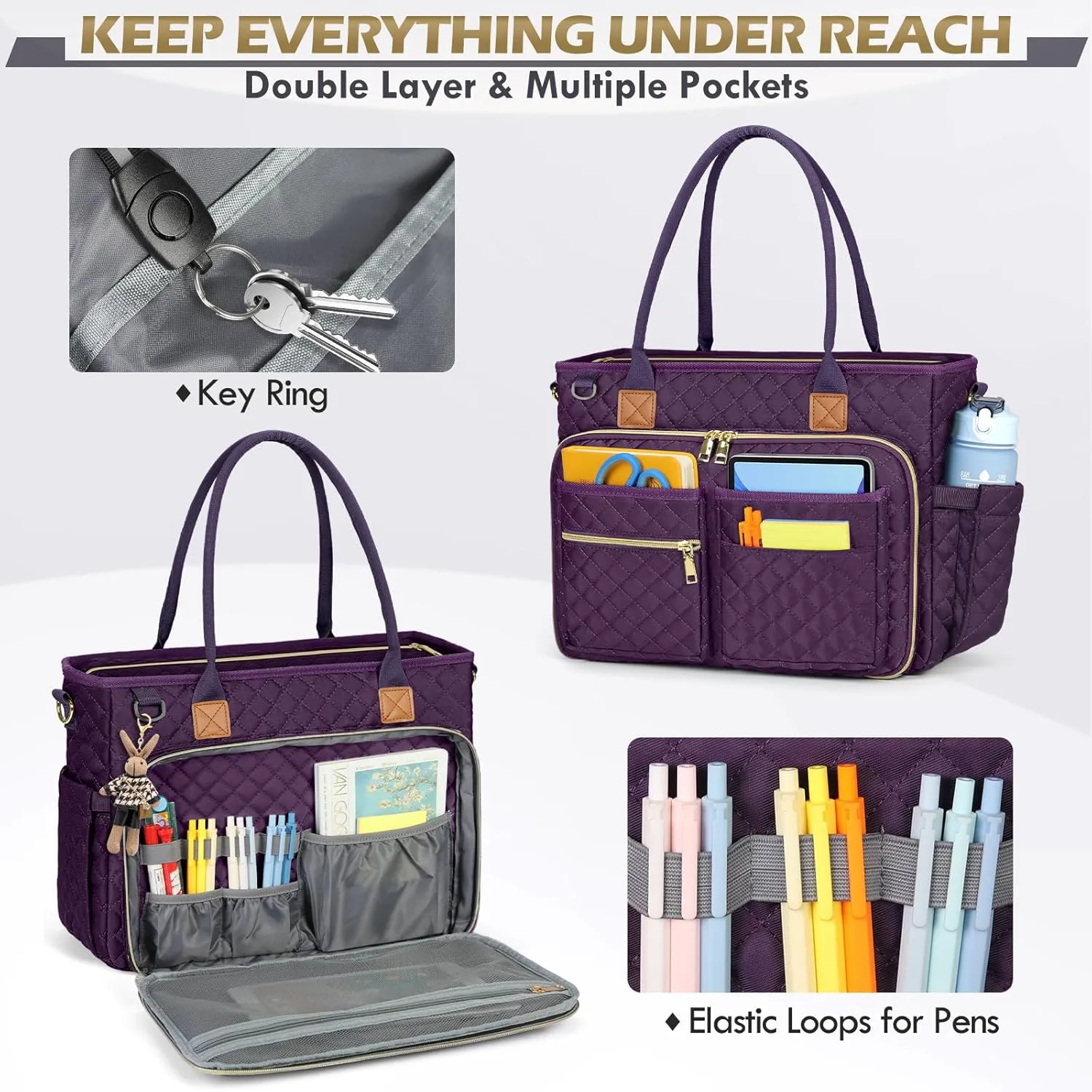RAINSMORE Teacher Tote Bag 15.6 inch Laptop Bag for Women Work Bags Laptop Tote Nurse Bag Professional Computer Messenger with Insulated Pocket, Laptop Briefcase for Office, College, Dark Purple