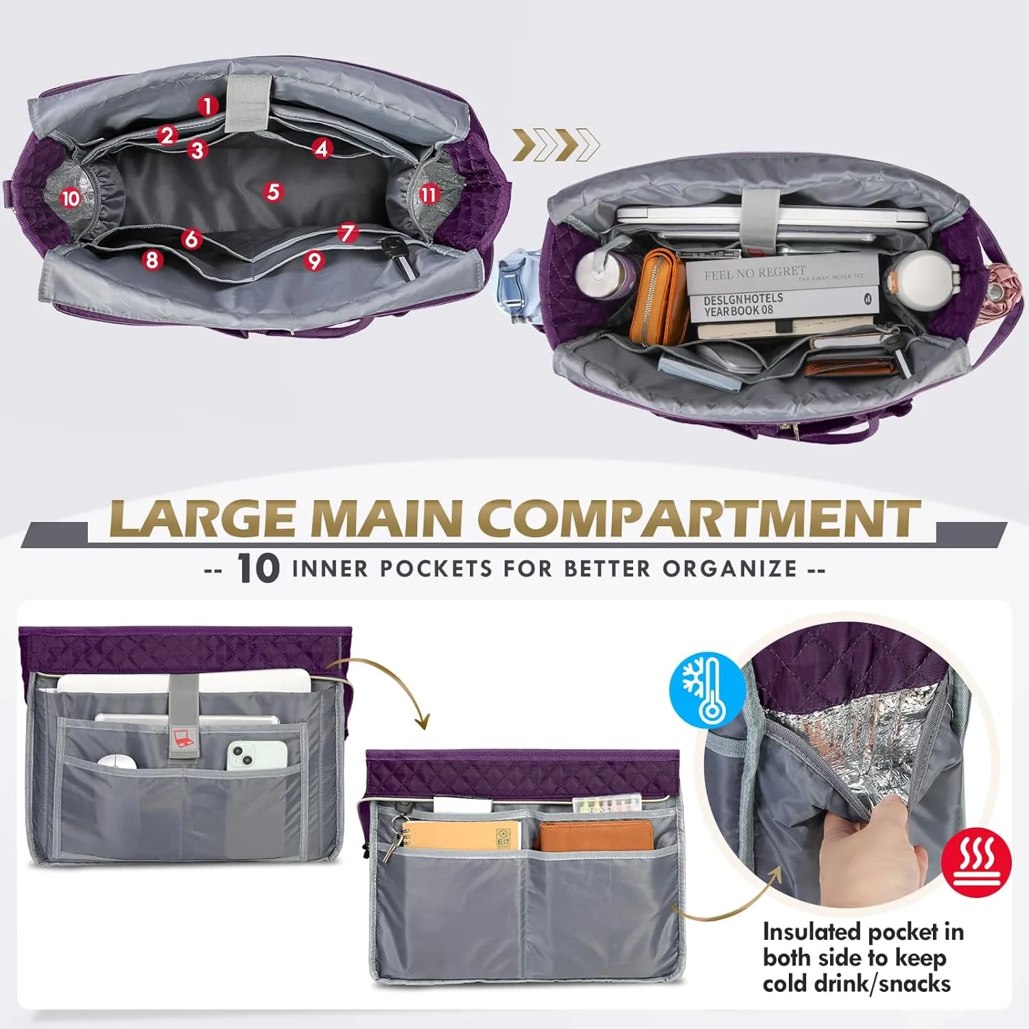 RAINSMORE Teacher Tote Bag 15.6 inch Laptop Bag for Women Work Bags Laptop Tote Nurse Bag Professional Computer Messenger with Insulated Pocket, Laptop Briefcase for Office, College, Dark Purple