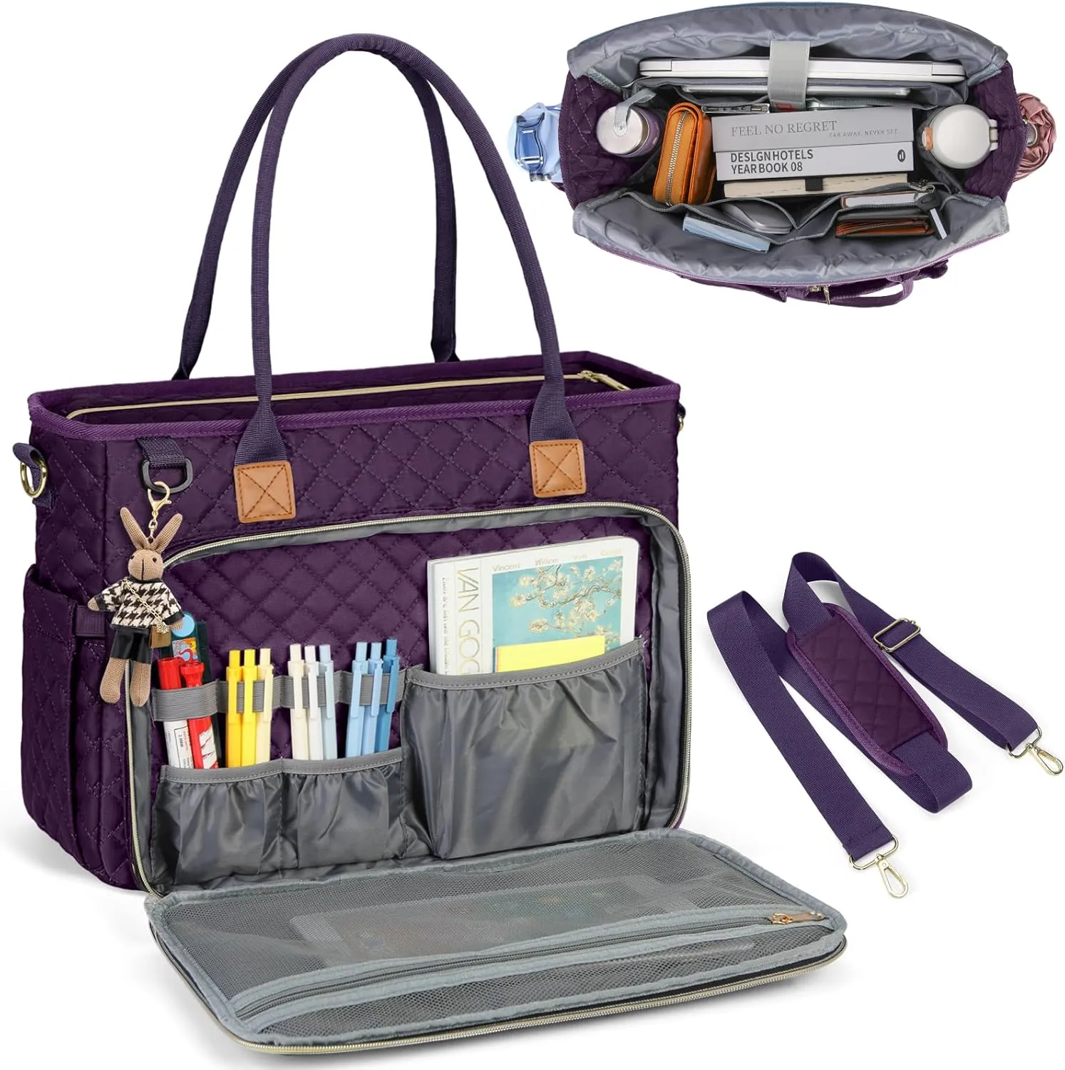 RAINSMORE Teacher Tote Bag 15.6 inch Laptop Bag for Women Work Bags Laptop Tote Nurse Bag Professional Computer Messenger with Insulated Pocket, Laptop Briefcase for Office, College, Dark Purple
