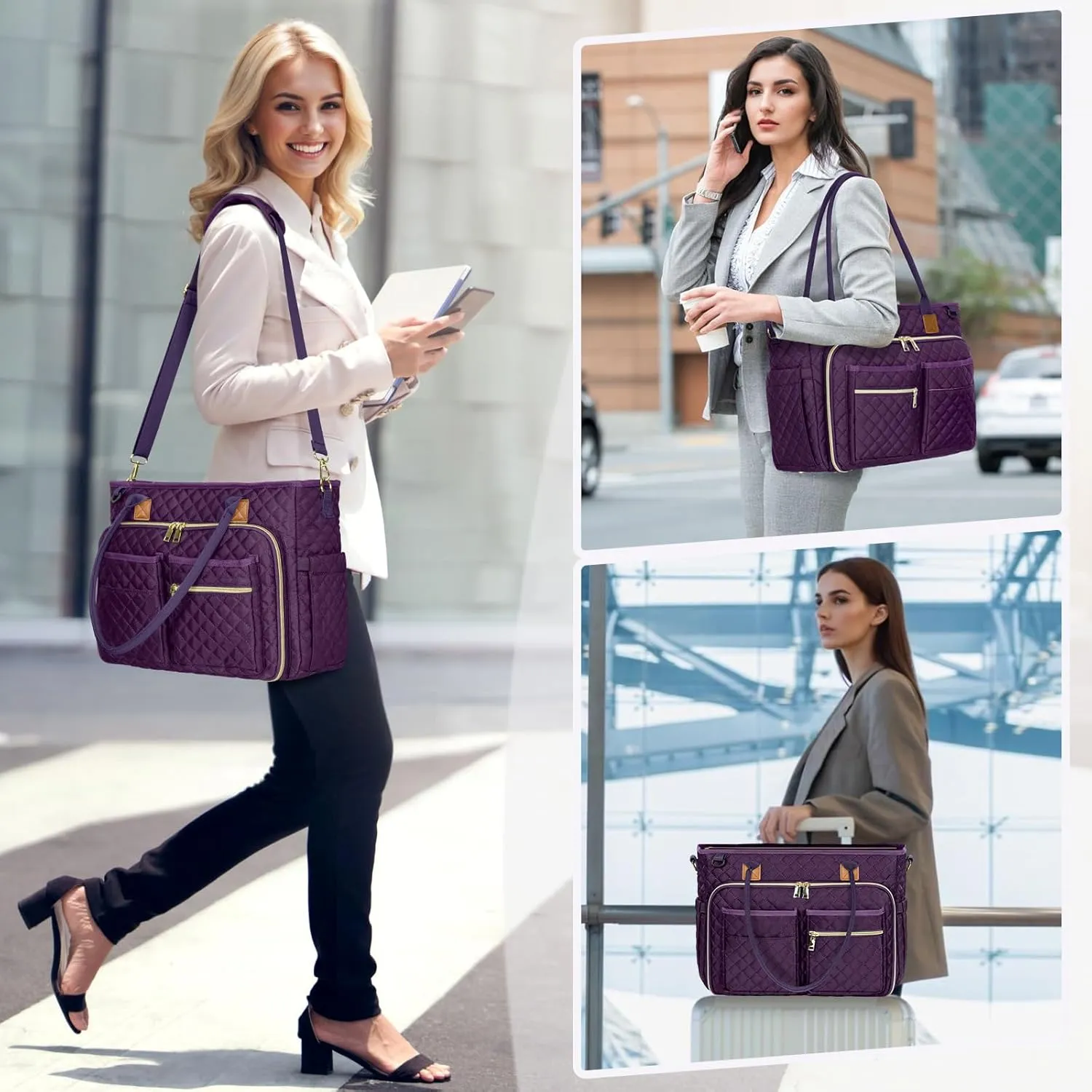 RAINSMORE Teacher Tote Bag 15.6 inch Laptop Bag for Women Work Bags Laptop Tote Nurse Bag Professional Computer Messenger with Insulated Pocket, Laptop Briefcase for Office, College, Dark Purple