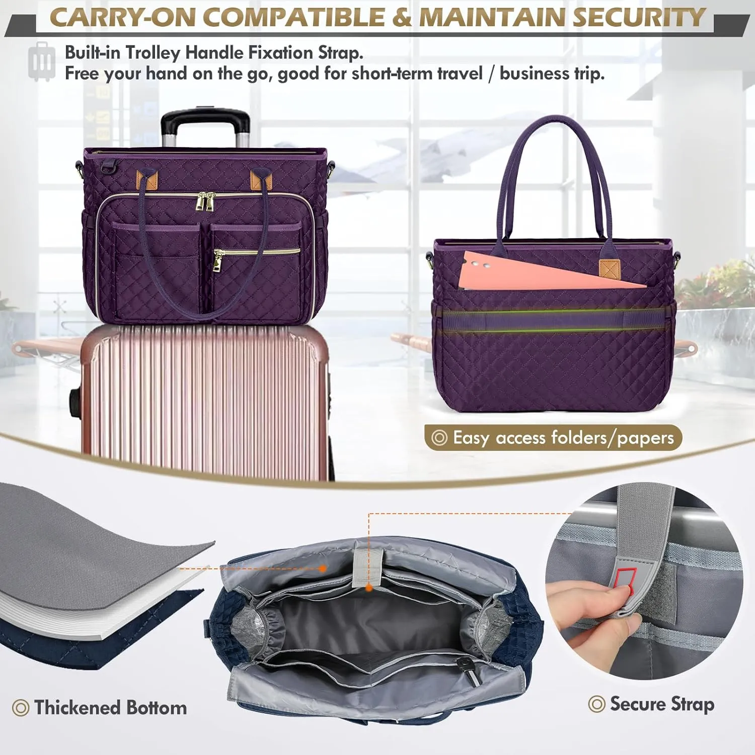 RAINSMORE Teacher Tote Bag 15.6 inch Laptop Bag for Women Work Bags Laptop Tote Nurse Bag Professional Computer Messenger with Insulated Pocket, Laptop Briefcase for Office, College, Dark Purple