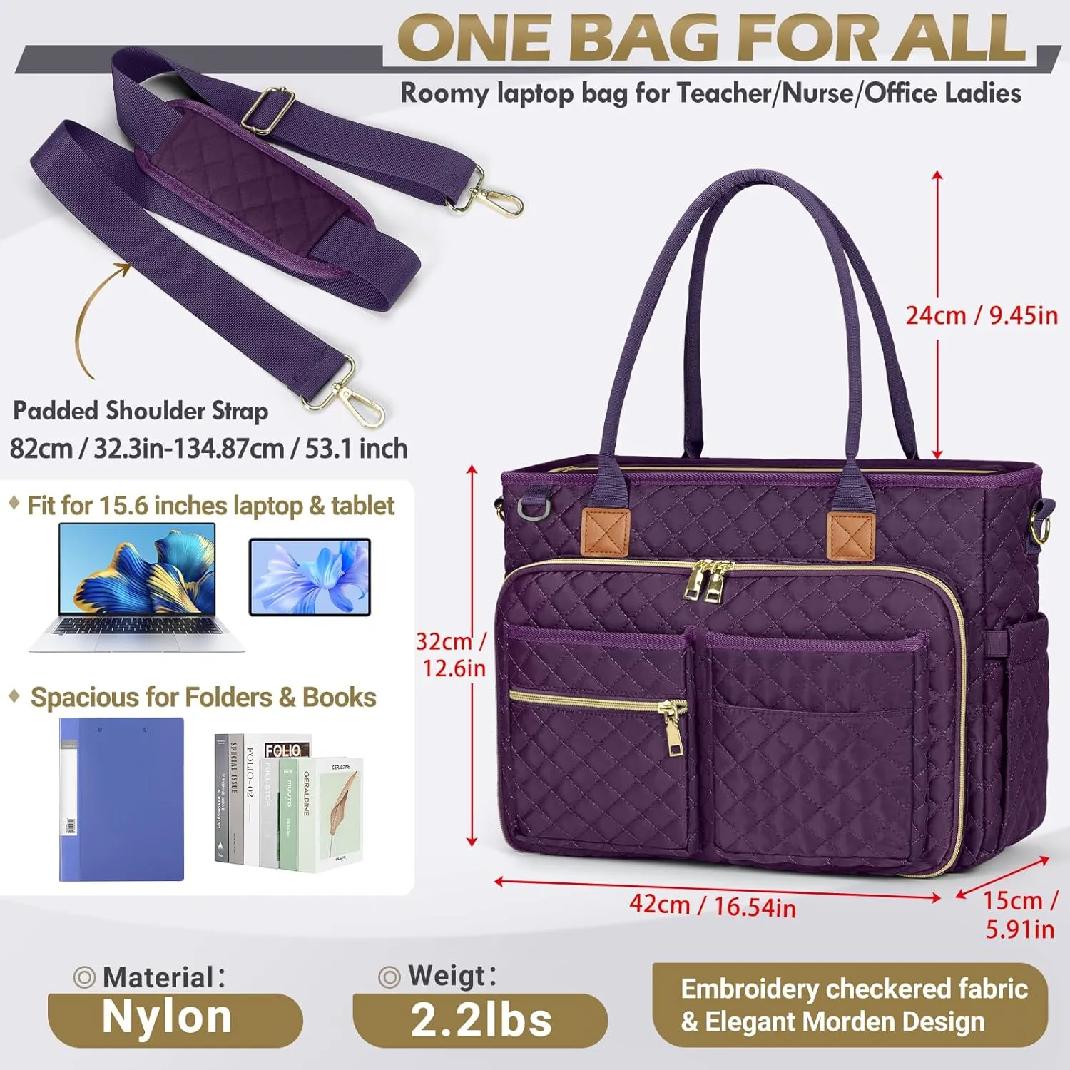RAINSMORE Teacher Tote Bag 15.6 inch Laptop Bag for Women Work Bags Laptop Tote Nurse Bag Professional Computer Messenger with Insulated Pocket, Laptop Briefcase for Office, College, Dark Purple