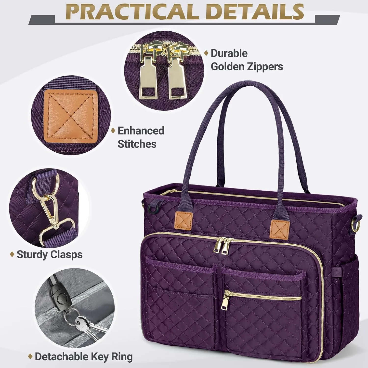 RAINSMORE Teacher Tote Bag 15.6 inch Laptop Bag for Women Work Bags Laptop Tote Nurse Bag Professional Computer Messenger with Insulated Pocket, Laptop Briefcase for Office, College, Dark Purple