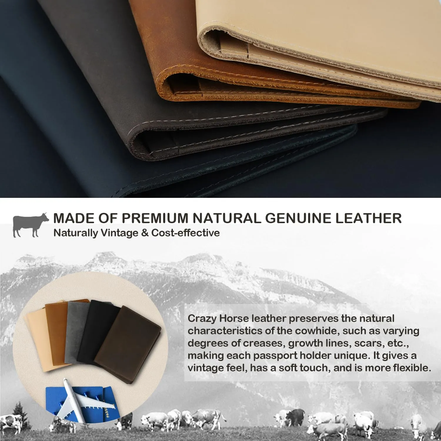 Real Leather Passport Holder for Men and Women, Handmade Wallet Cover Case, Travel Must-Haves Essentials Accessories, Birthday Gifts (Crazy Horse, Black)