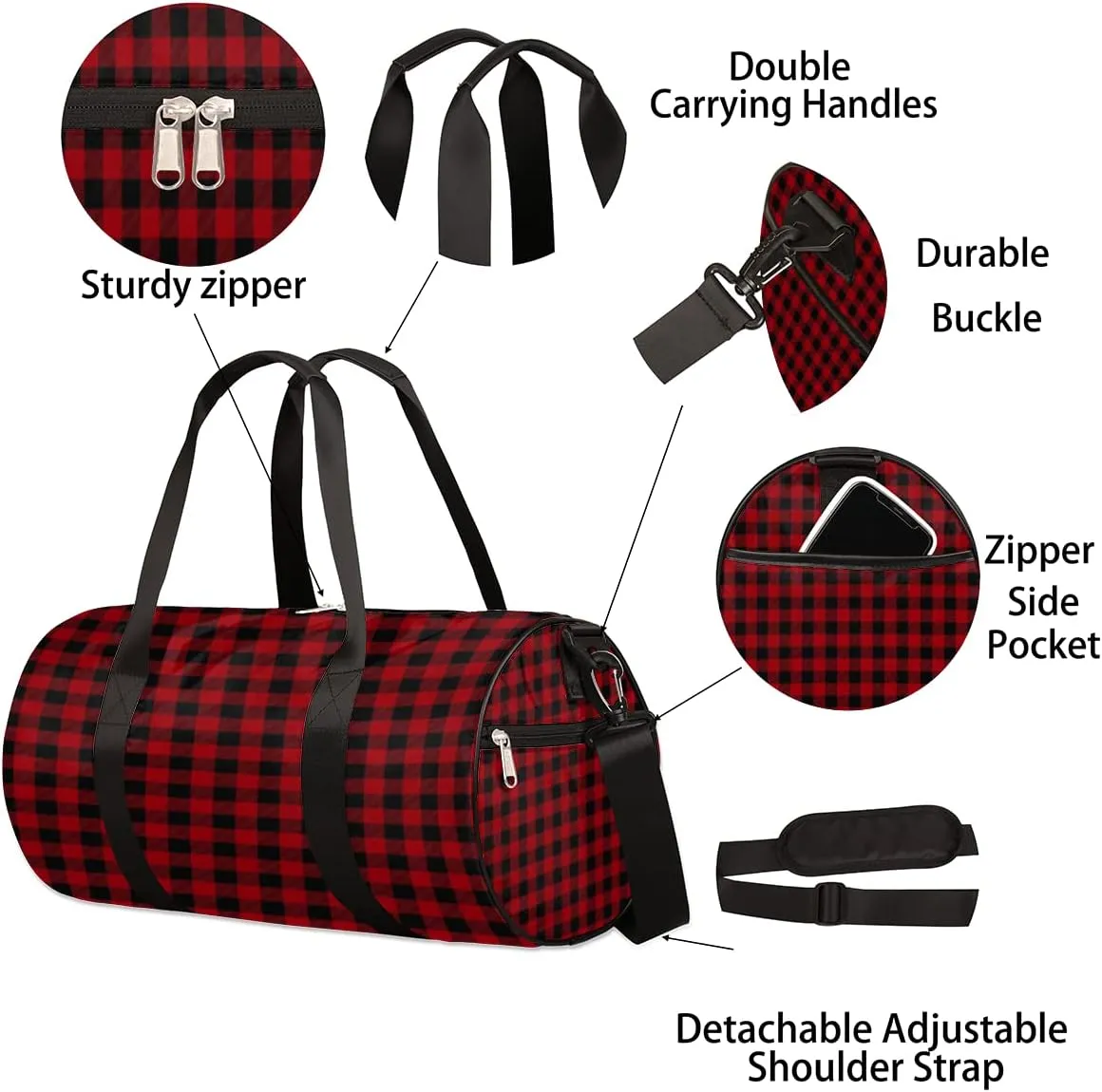 Red Black Plaid Gym Bag Small Gym Duffel Bags for Men Women Tartan Overnight Weekender Bag Lightweight Sport Duffle Bag Carry On Gymbag
