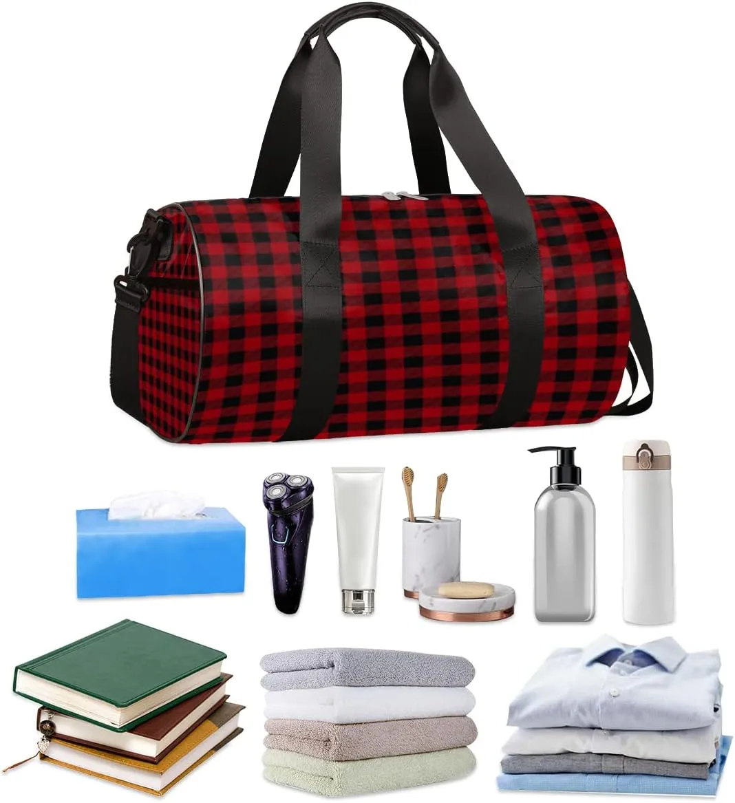Red Black Plaid Gym Bag Small Gym Duffel Bags for Men Women Tartan Overnight Weekender Bag Lightweight Sport Duffle Bag Carry On Gymbag