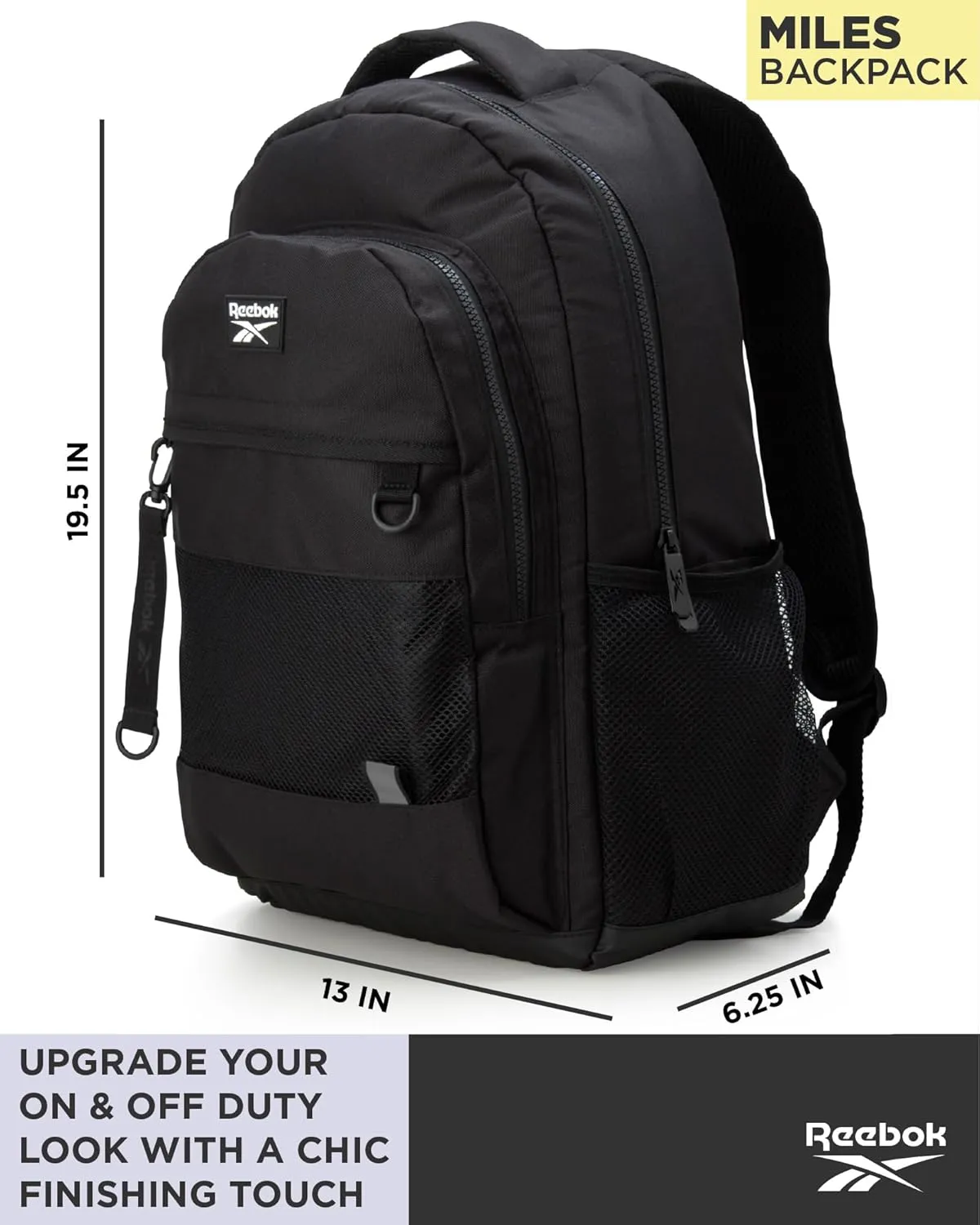 Reebok Backpack - Lightweight Carry On Weekender Overnight Sports Gym Bag - Versatile Bag Pack for Travel, Beach, Size One Size, Black Miles