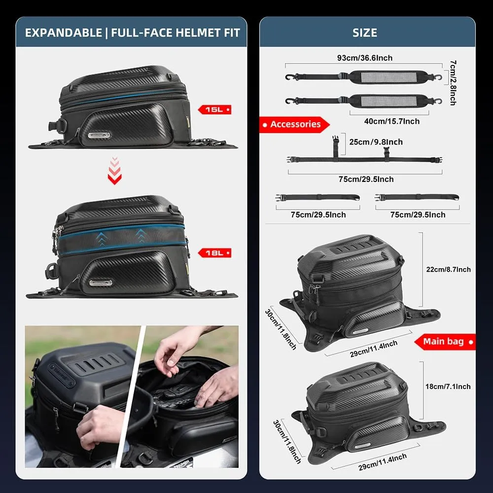 Rhinowalk Motorcycle Tank Bag, 15-18L Expandable Motorcycle Storage, Waterproof All Weather-Carbon Fiber Black