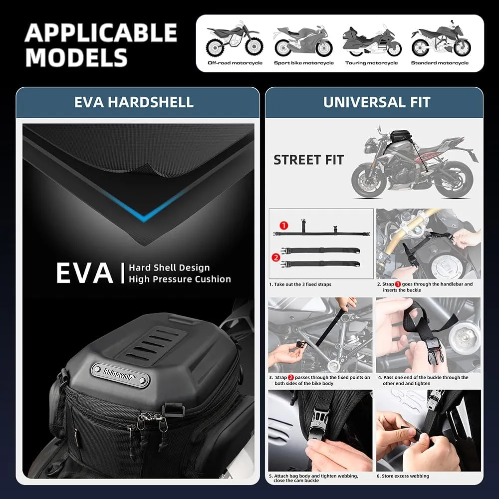 Rhinowalk Motorcycle Tank Bag, 15-18L Expandable Motorcycle Storage, Waterproof All Weather-Carbon Fiber Black