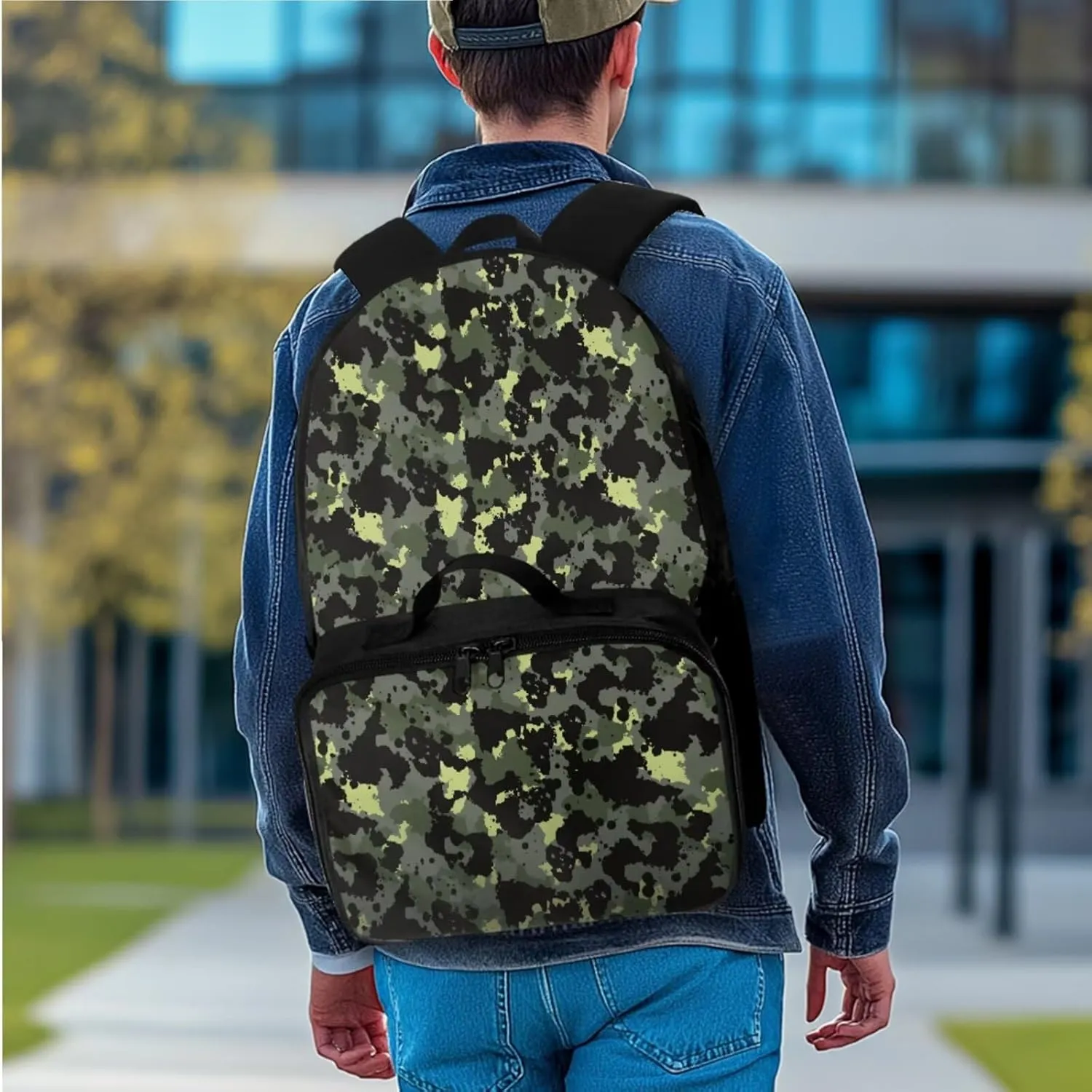 Rnyleeg Camo Primary School Backpack for Boys Three Piece Boys Backpack Set Large Capacity 17 inch School Bags Set with Lunch Box and Pencil Case Casual Packsack