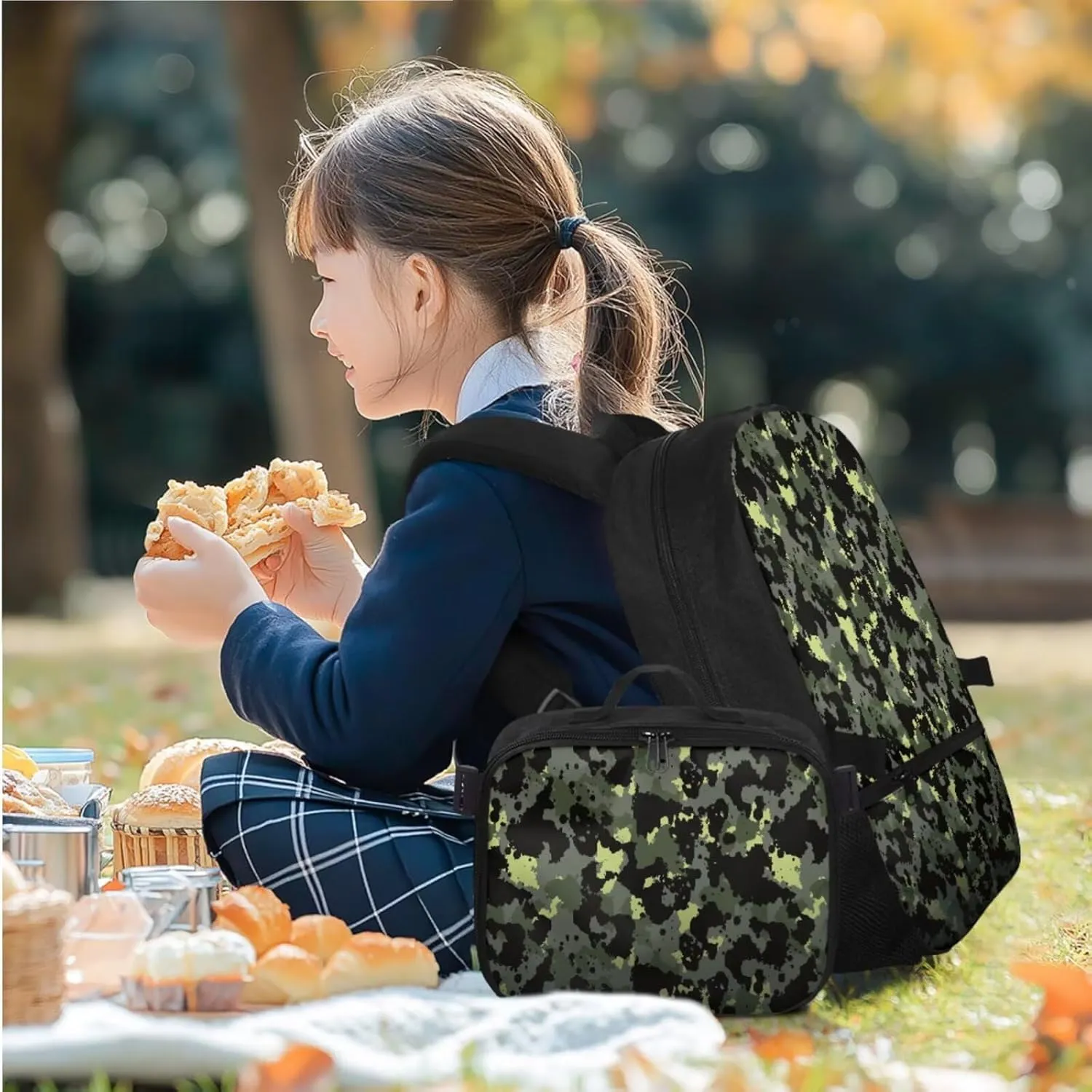Rnyleeg Camo Primary School Backpack for Boys Three Piece Boys Backpack Set Large Capacity 17 inch School Bags Set with Lunch Box and Pencil Case Casual Packsack