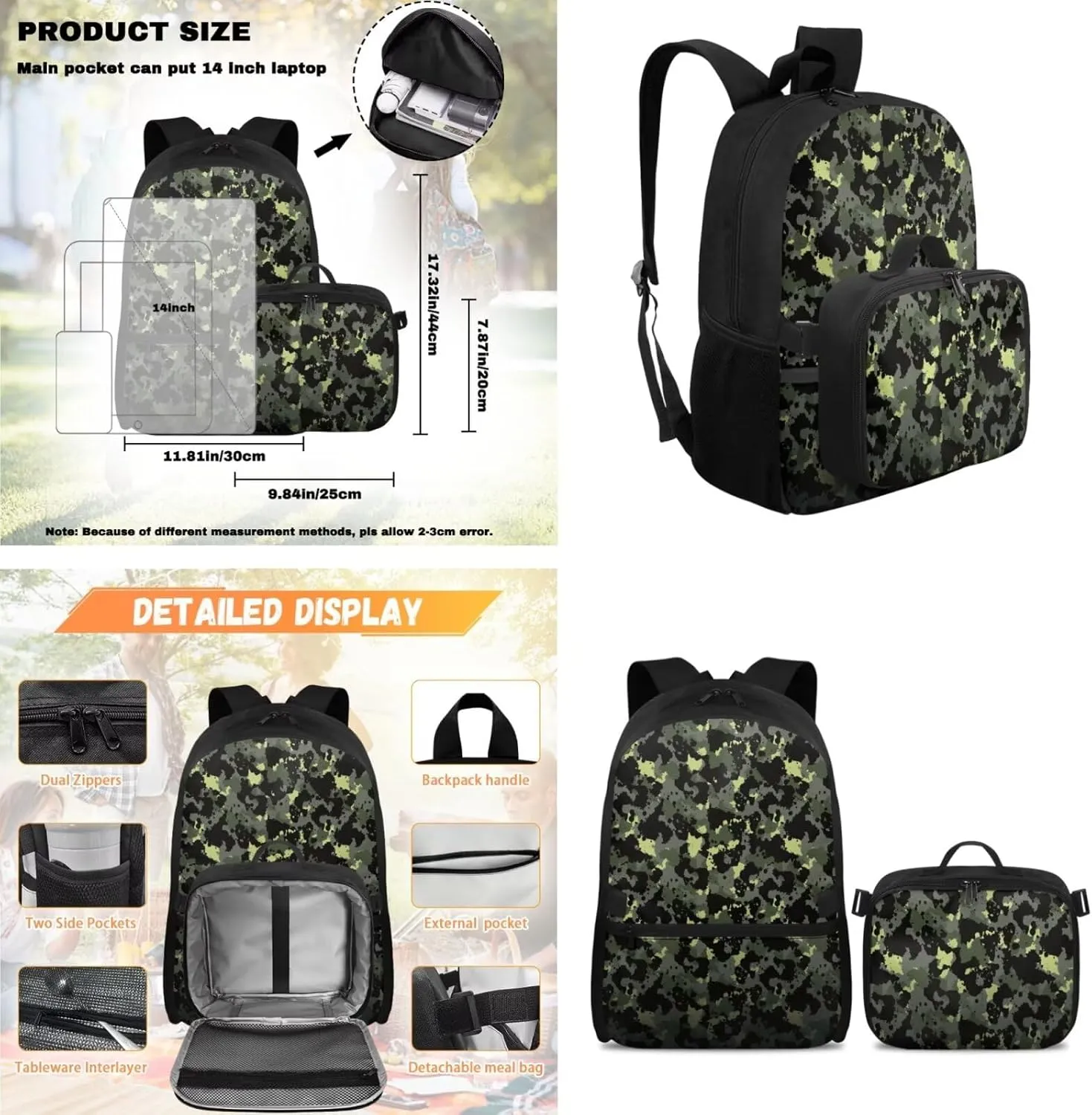 Rnyleeg Camo Primary School Backpack for Boys Three Piece Boys Backpack Set Large Capacity 17 inch School Bags Set with Lunch Box and Pencil Case Casual Packsack