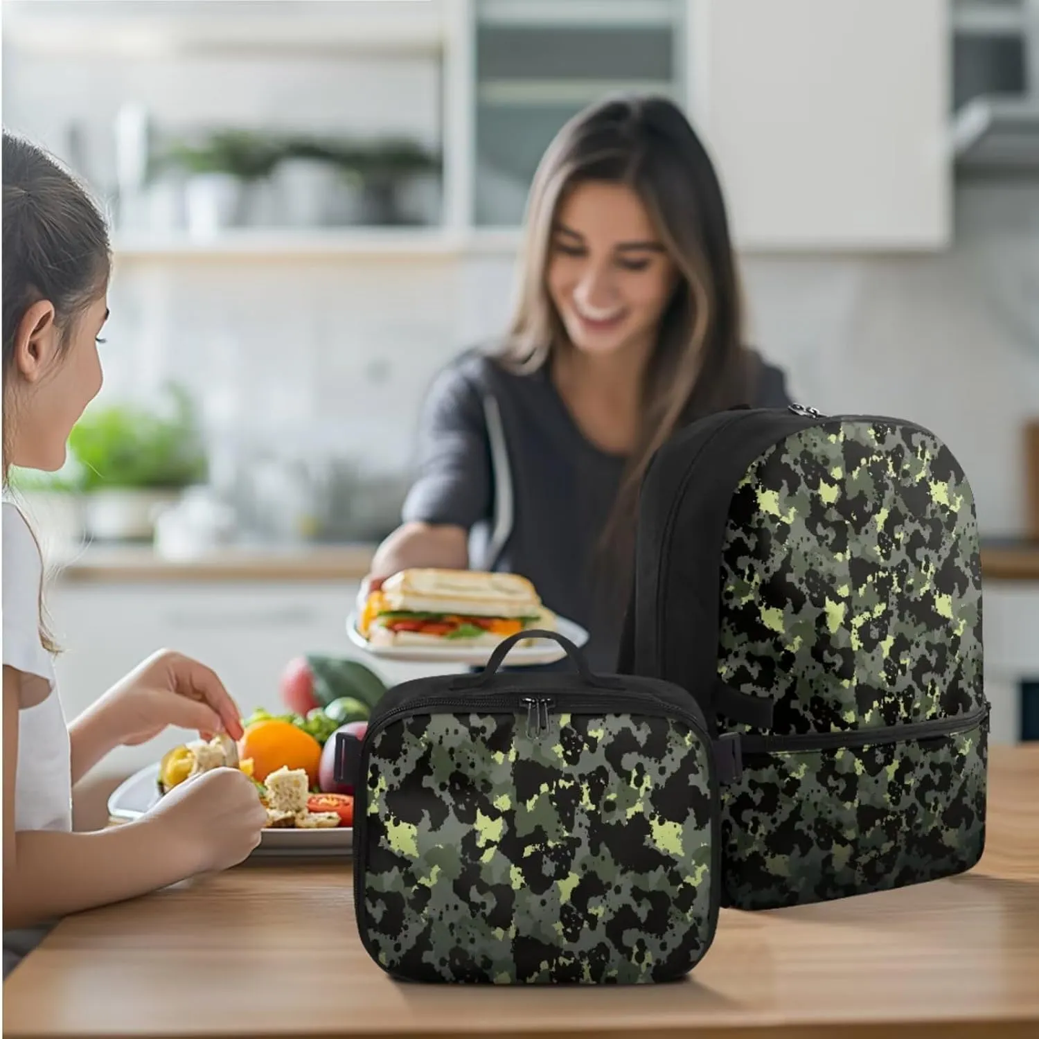 Rnyleeg Camo Primary School Backpack for Boys Three Piece Boys Backpack Set Large Capacity 17 inch School Bags Set with Lunch Box and Pencil Case Casual Packsack