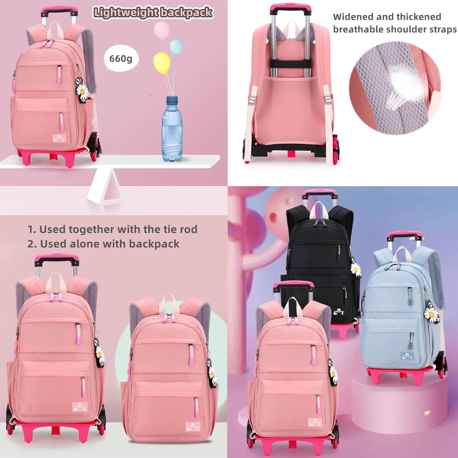 Rolling Backpack,Backpack with Wheels,Kids Roller Backpack for Girls Boys Travel Bag on Wheels Kids Trolley School Bag,Black