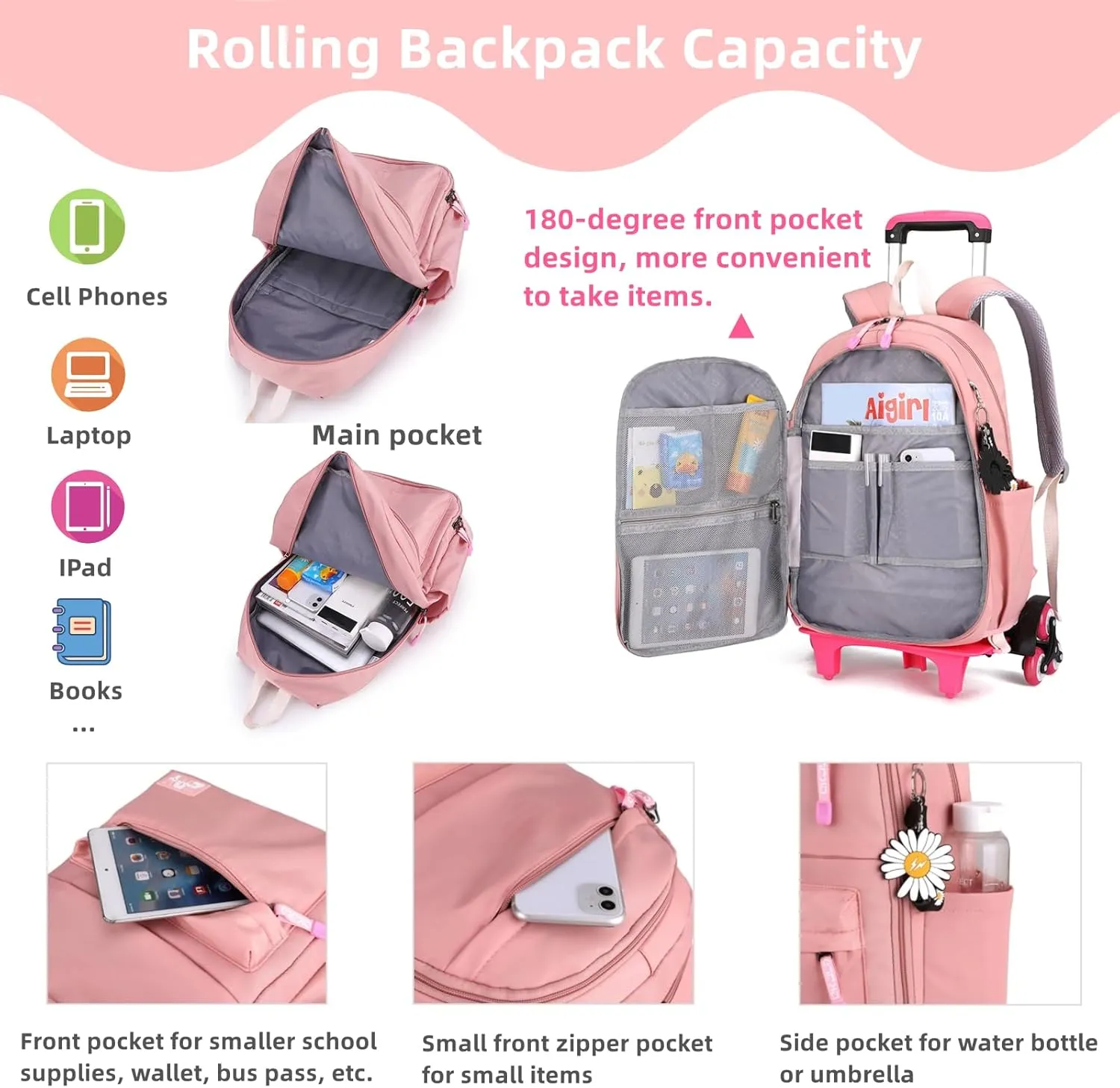 Rolling Backpack,Backpack with Wheels,Kids Roller Backpack for Girls Boys Travel Bag on Wheels Kids Trolley School Bag,Black
