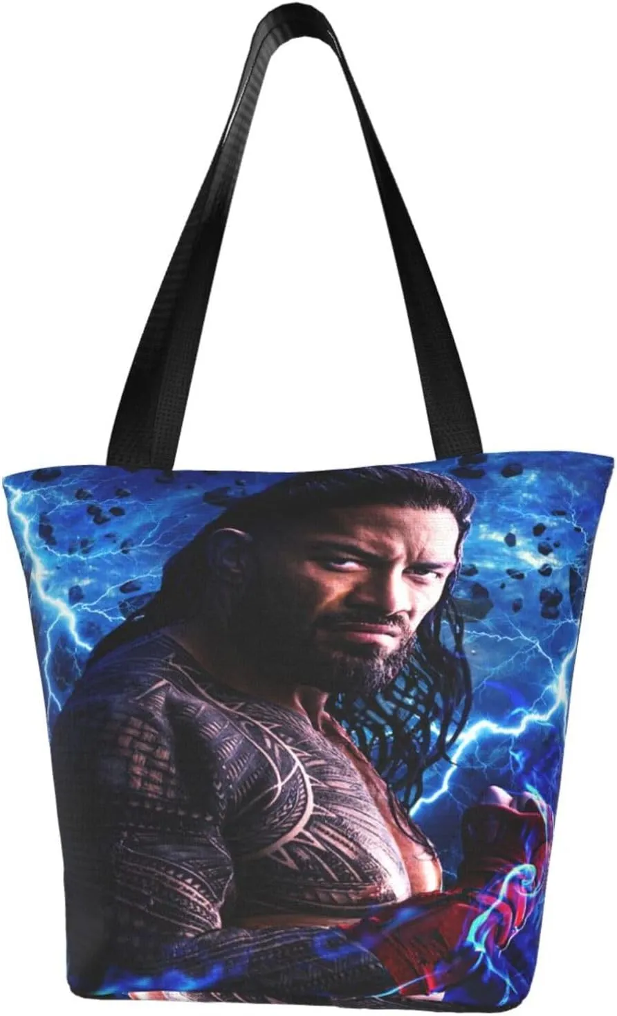 Roman Wrestler Reigns Reusable Grocery Bag for Kitchen Shopping Handbag Tote Bags with Zipper Unisex Stylish Shoulder Bag Storage Bags for Activity