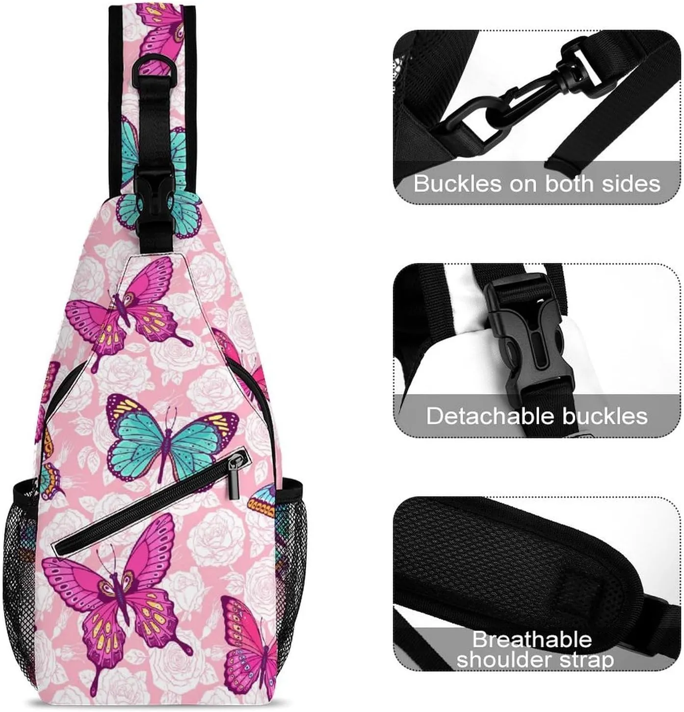 Roses-colorful-butterflies Crossbody Sling Bag for Women Men Travel Chest Bag, Cycling Shoulder Backpack