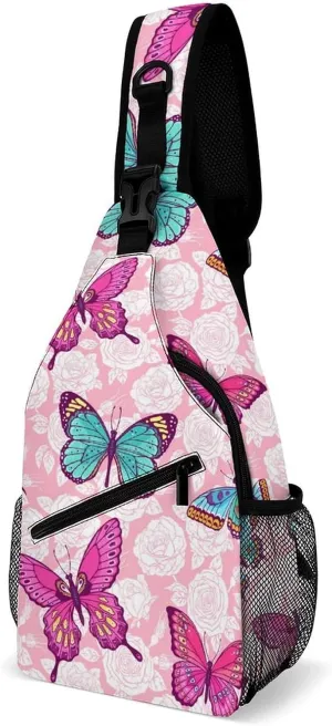 Roses-colorful-butterflies Crossbody Sling Bag for Women Men Travel Chest Bag, Cycling Shoulder Backpack