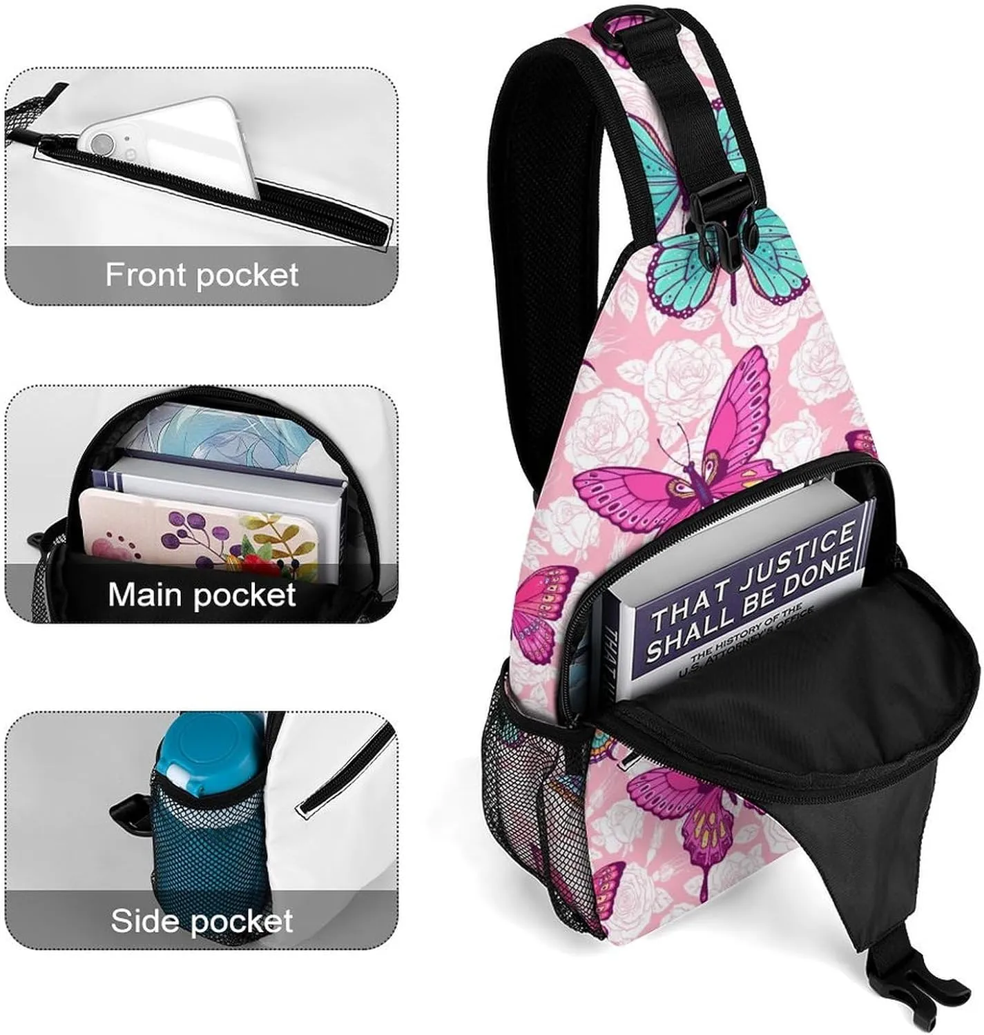 Roses-colorful-butterflies Crossbody Sling Bag for Women Men Travel Chest Bag, Cycling Shoulder Backpack
