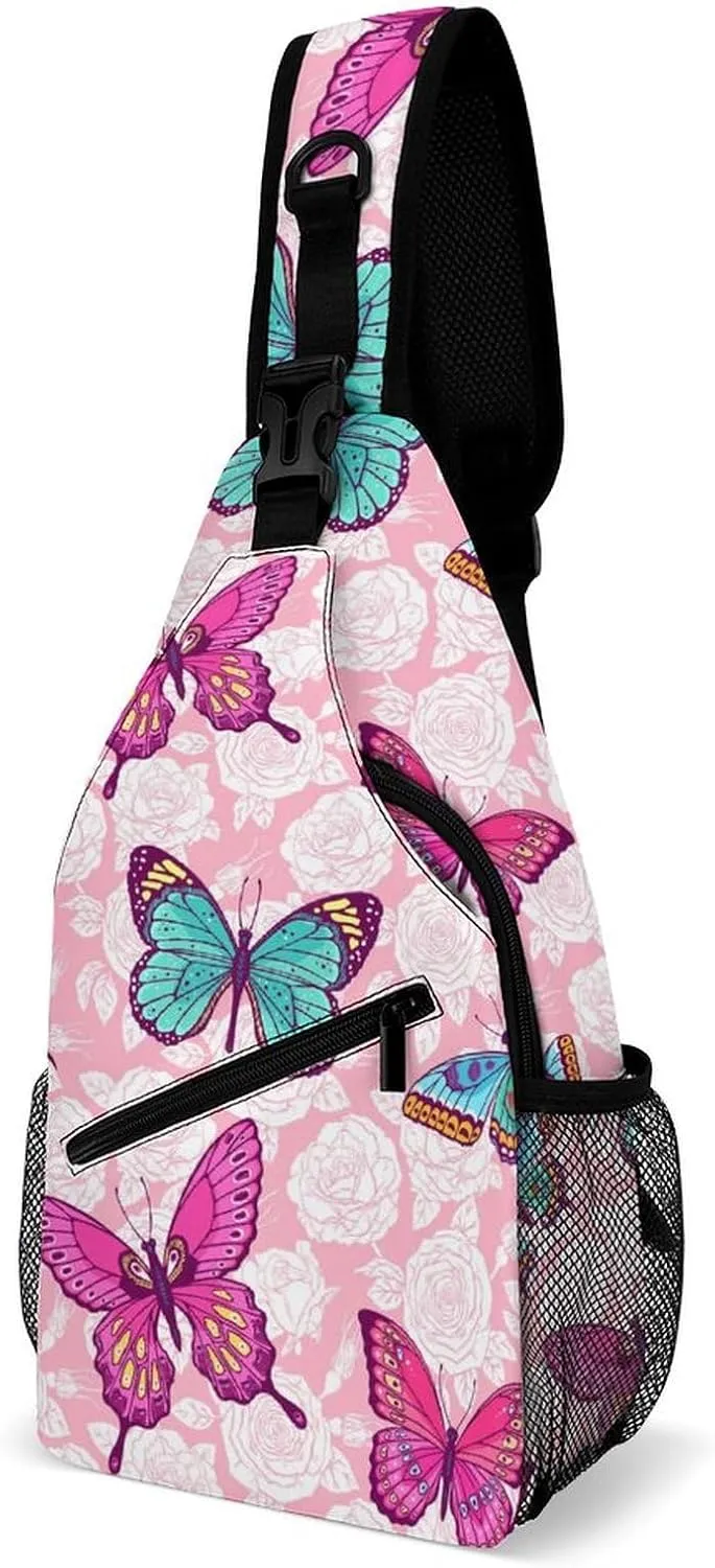 Roses-colorful-butterflies Crossbody Sling Bag for Women Men Travel Chest Bag, Cycling Shoulder Backpack