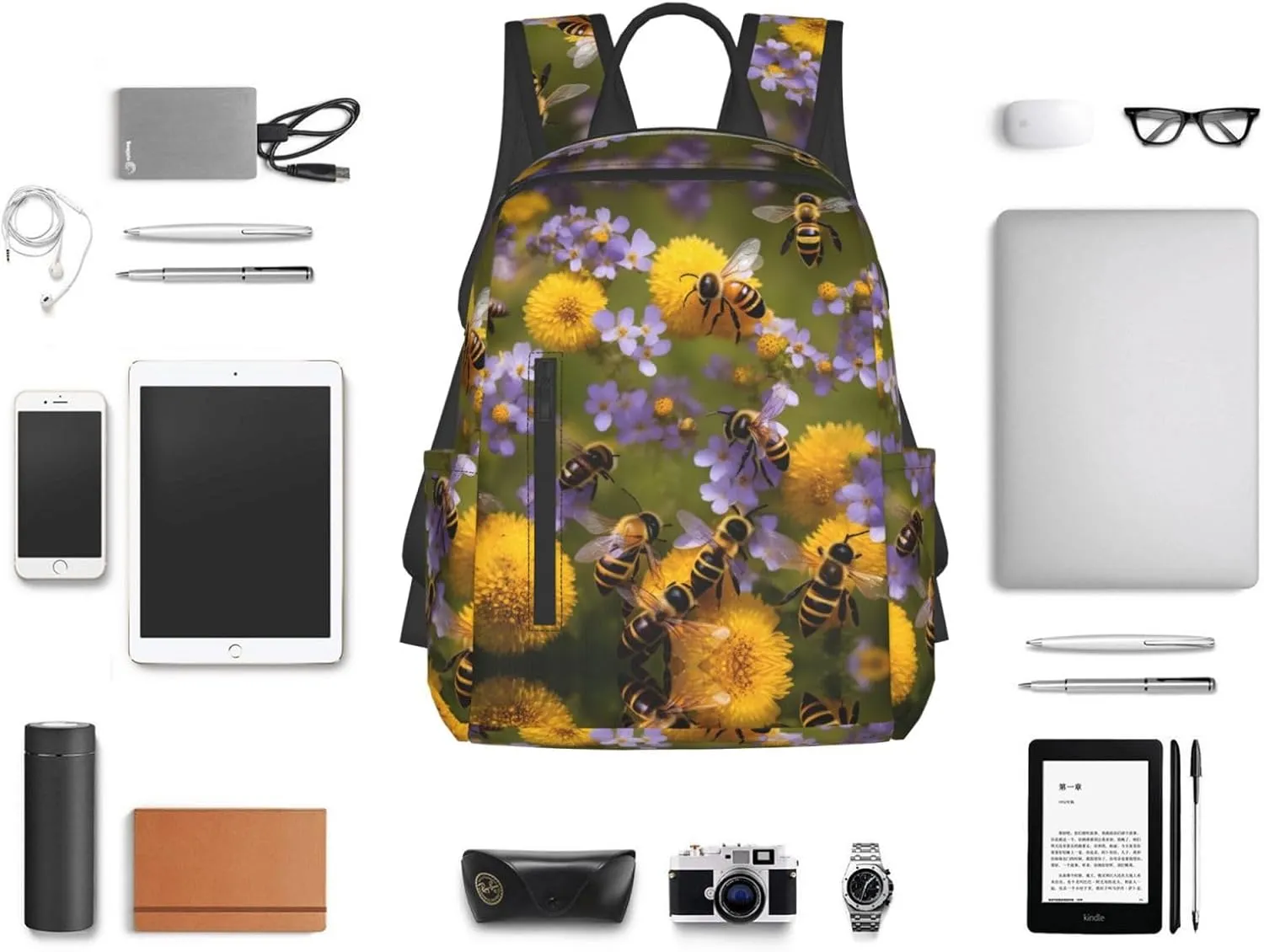 Rural Honey Bees Wildflowers print Lightweight Laptop Backpack Travel Daypack Bookbag for Women Men for Travel Work