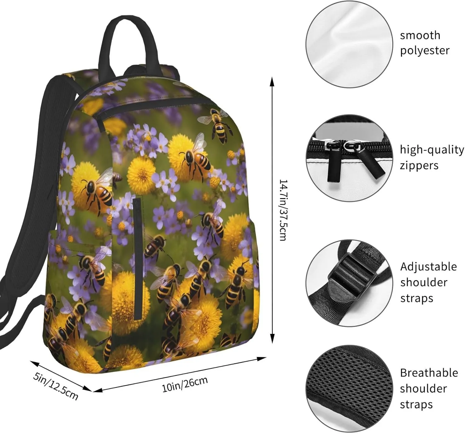 Rural Honey Bees Wildflowers print Lightweight Laptop Backpack Travel Daypack Bookbag for Women Men for Travel Work