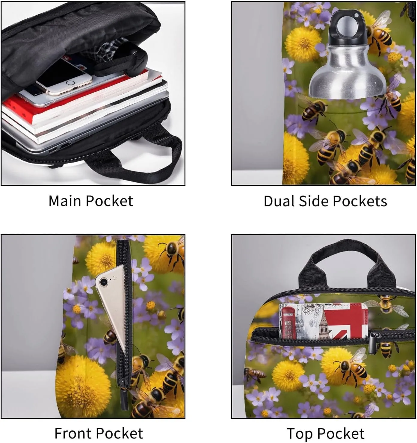 Rural Honey Bees Wildflowers print Lightweight Laptop Backpack Travel Daypack Bookbag for Women Men for Travel Work