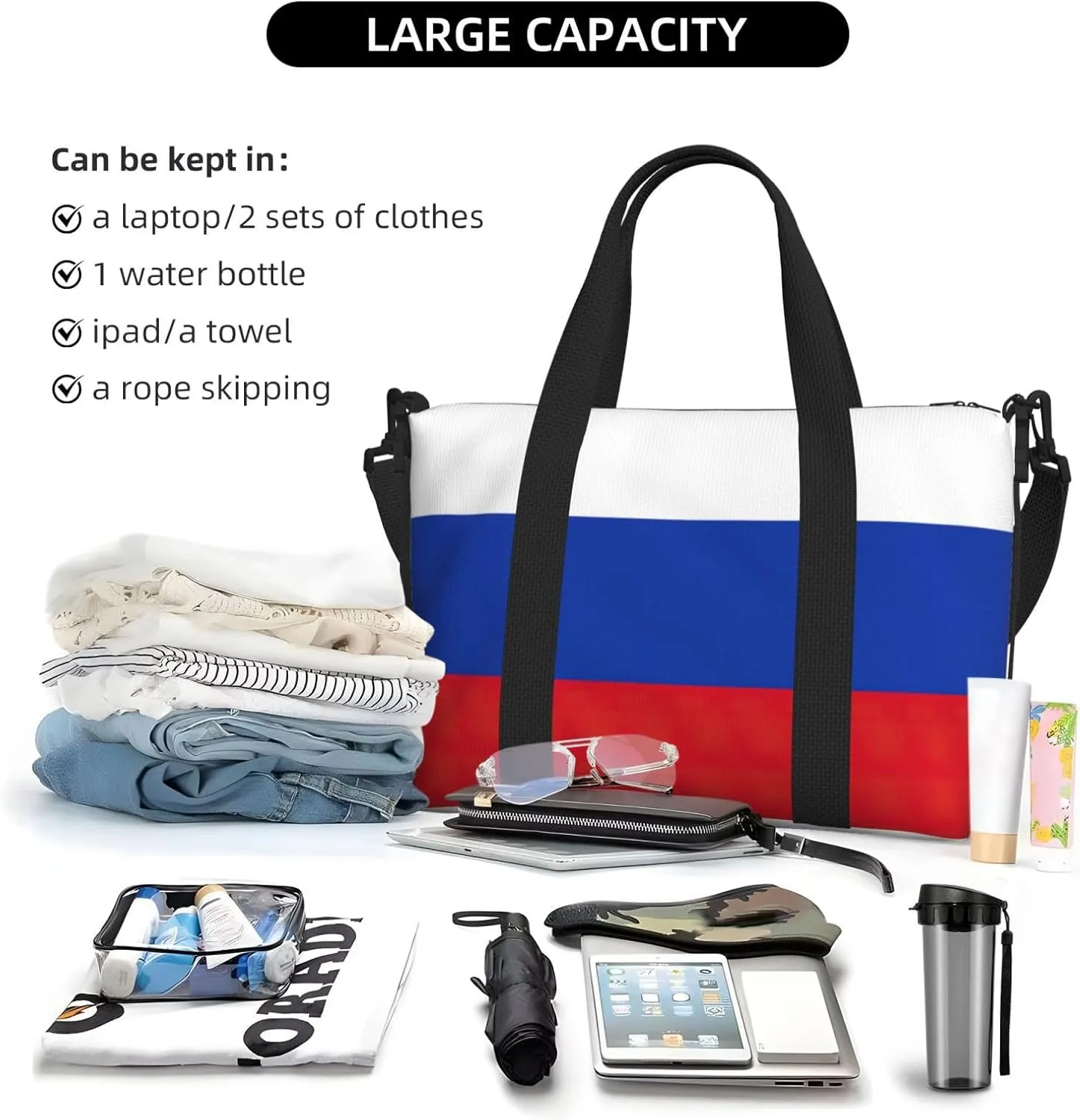 Russian Flag Small Duffel Bag Foldable Travel Bag Weekender Bag Overnight Gym Hospital Bags For Women&Men