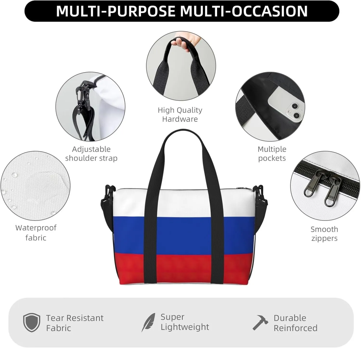 Russian Flag Small Duffel Bag Foldable Travel Bag Weekender Bag Overnight Gym Hospital Bags For Women&Men
