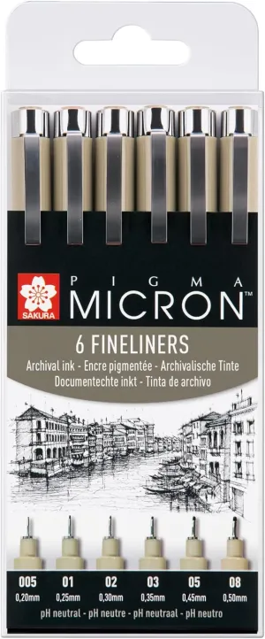 SAKURA Pigma Micron 6 Fineliners, Pack of 6