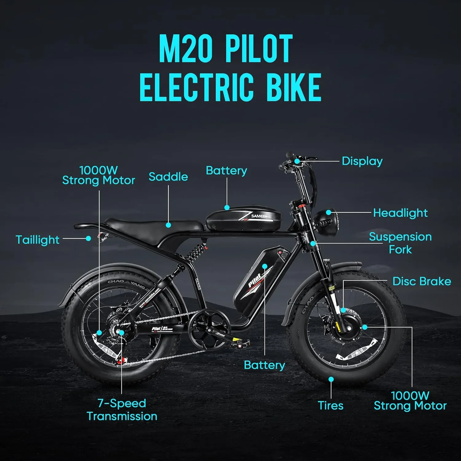 SAMEBIKE Peak 1800/3000W Electric Dirt Bike for Adults, 20" 4.0 Fat Tire Electric Electric Motorcycle for Adults with Speed 30/34 MPH Motor, Max Range 180 Miles, 48V 18/36AH Battery, SHIMAN0 7-Speed
