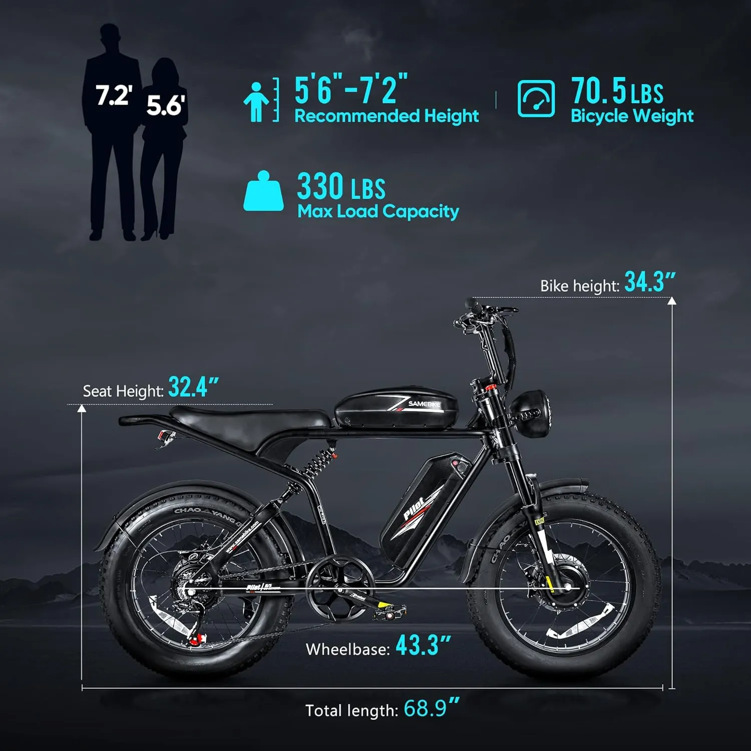 SAMEBIKE Peak 1800/3000W Electric Dirt Bike for Adults, 20" 4.0 Fat Tire Electric Electric Motorcycle for Adults with Speed 30/34 MPH Motor, Max Range 180 Miles, 48V 18/36AH Battery, SHIMAN0 7-Speed